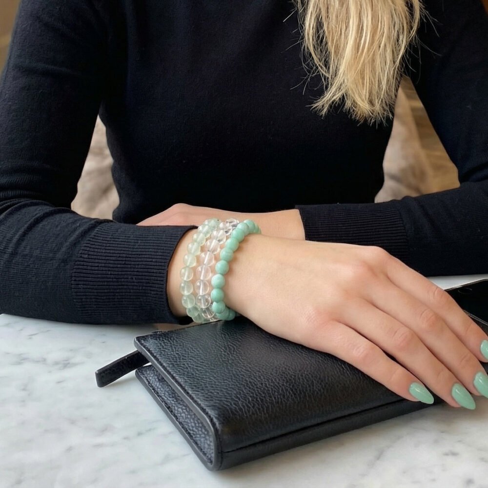 Woman’s hand resting on a black clutch bag on a white marble table, wearing the Alpine Renewal bracelet triad — pale green nails, black roll-neck, and a soft winter palette highlighting the clean, feminine luxury of the stones.